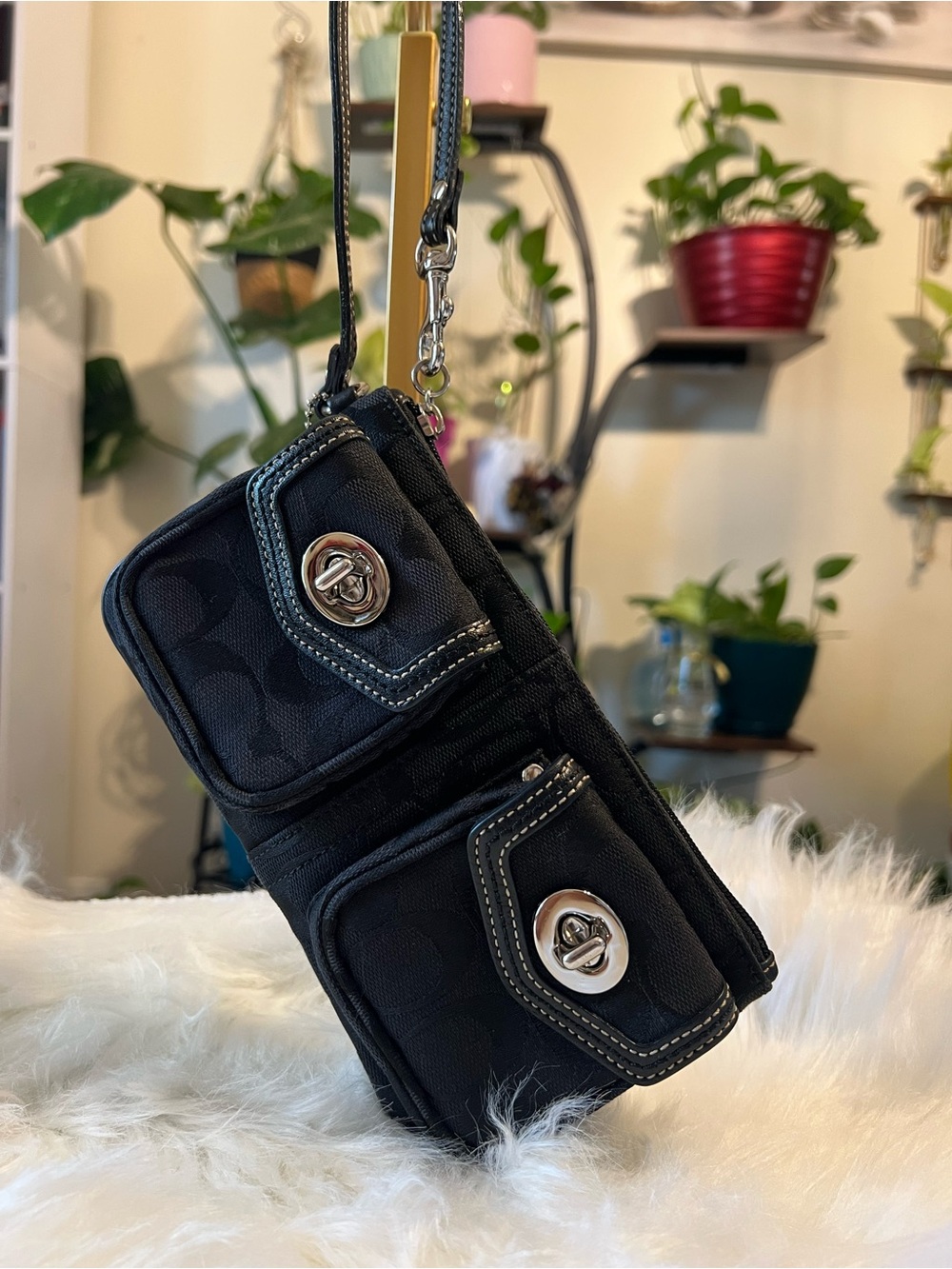 Coach Black Double Pocket Canvas Wristlet with Silver Hardware